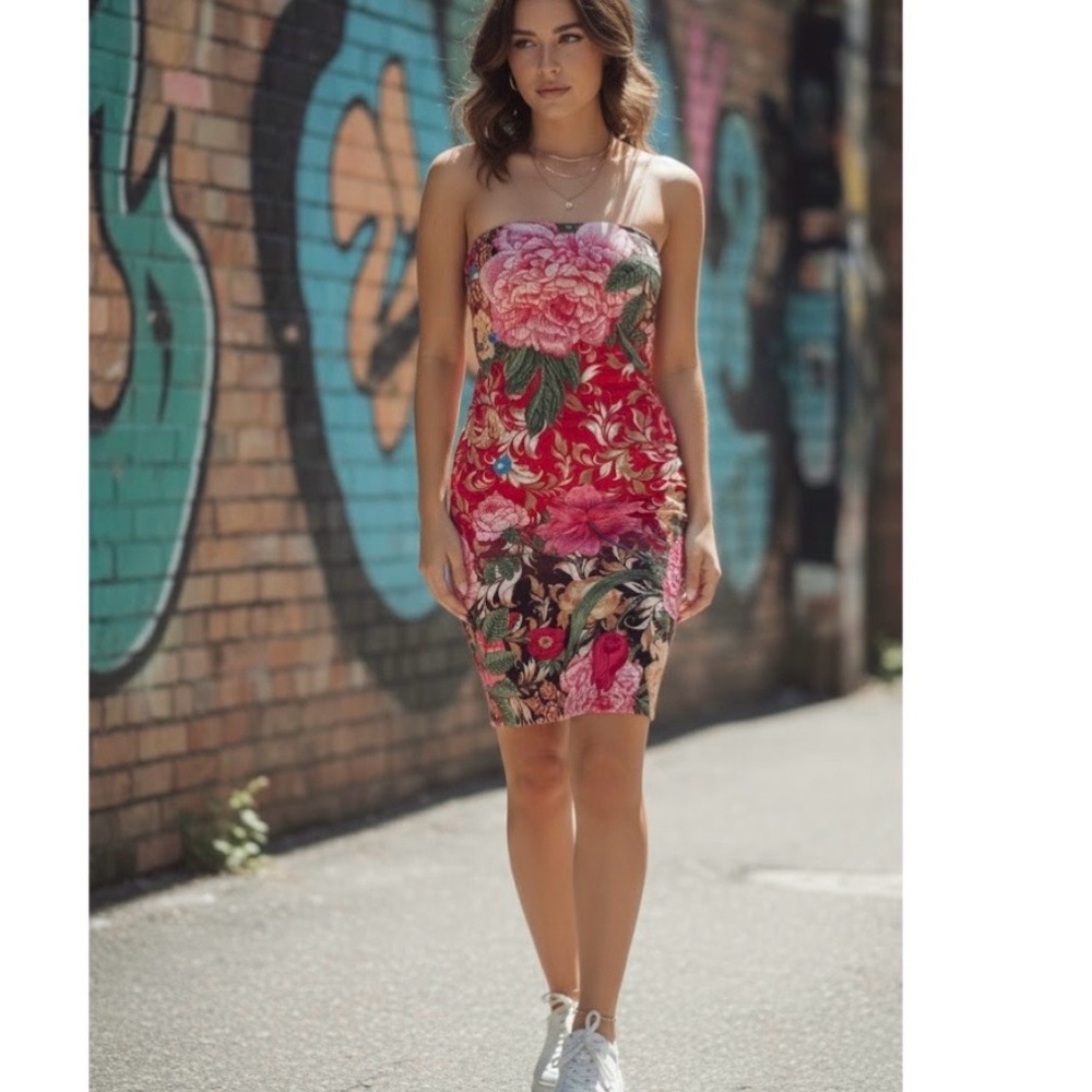 Vtg Y2K Top 10 USA Floral Mini/Midi Tube Dress Strapless Bodycon M Rose Peonies